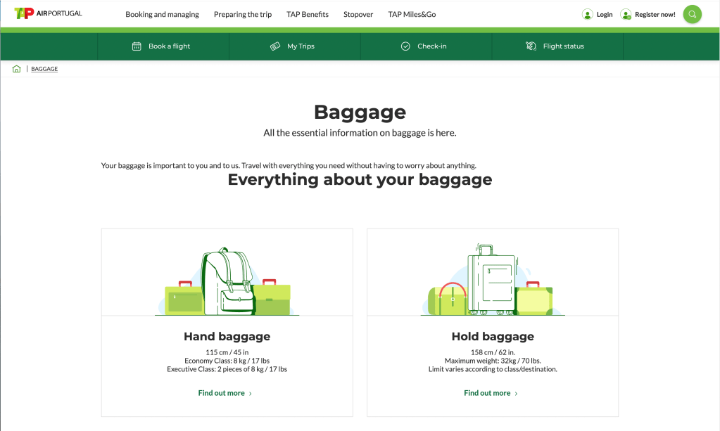 Print screen of TAP website, focused on the page about baggage.