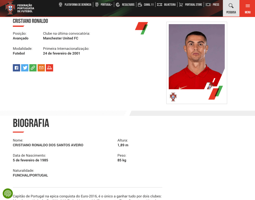 Print screen of the FPF website where  you can see the bio info about Cristiano Ronaldo.
